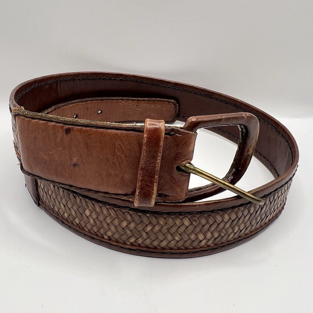 Leather Woven Rattan Belt Womens Large‎ 30-33 Brown Western Boho Festival